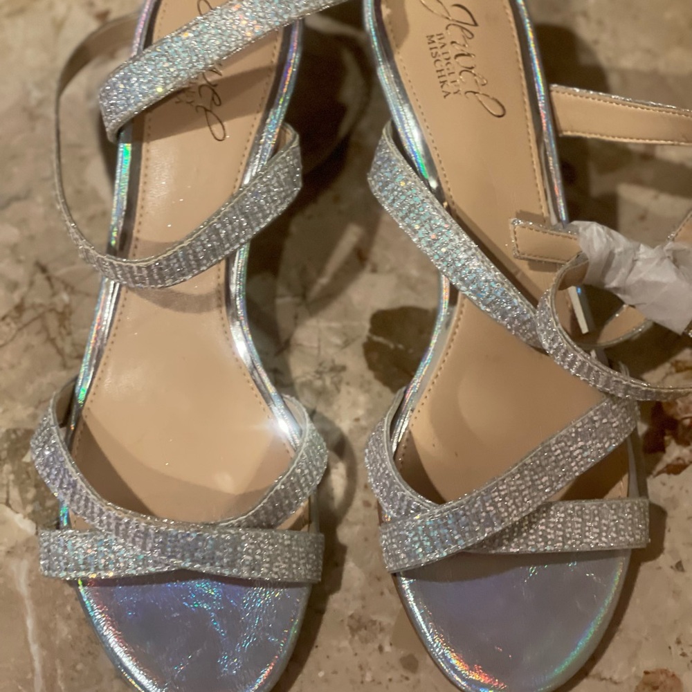 Jewel Badgley Mischka Silver Strappy Sandals with Rhinestones